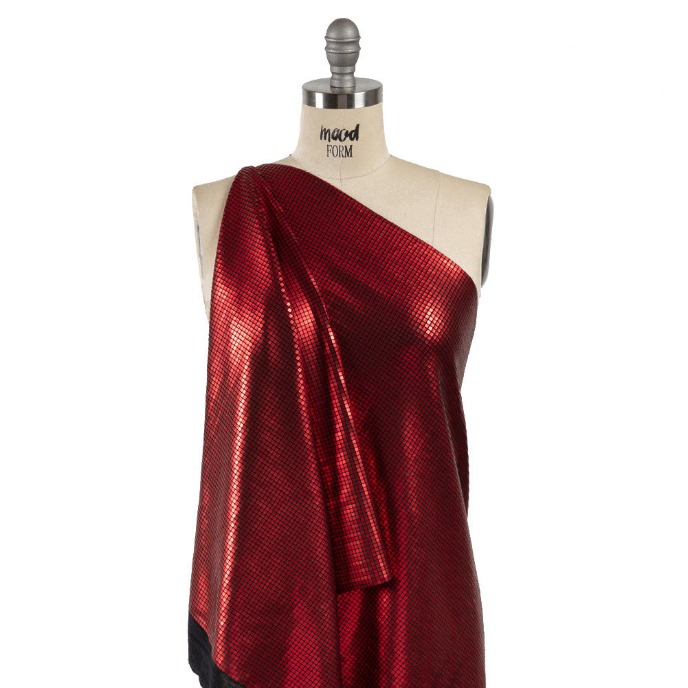 Squares Foiled Stretch Polyester Knit - Red and Metallic Black - Heidi Collection Squares Foiled Stretch Polyester Knit - Red and Metallic Black - Heidi Collection