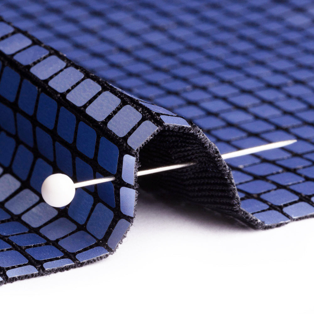 Squares Foiled Stretch Polyester Knit - Blue and Metallic Black - Heidi Collection - Detail Squares Foiled Stretch Polyester Knit - Blue and Metallic Black - Heidi Collection - Detail