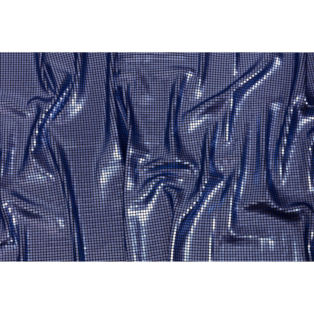 Squares Foiled Stretch Polyester Knit - Blue and Metallic Black - Heidi Collection - Full Squares Foiled Stretch Polyester Knit - Blue and Metallic Black - Heidi Collection - Full