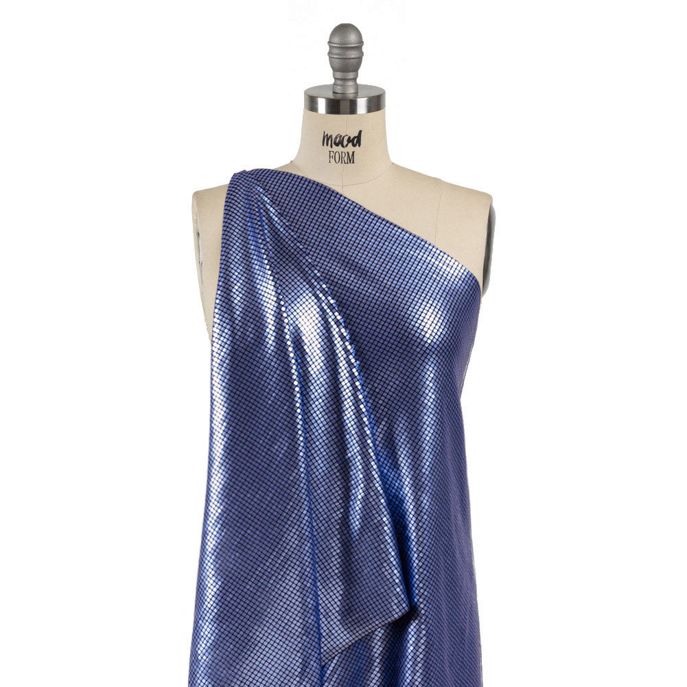 Squares Foiled Stretch Polyester Knit - Blue and Metallic Black - Heidi Collection - Drape Squares Foiled Stretch Polyester Knit - Blue and Metallic Black - Heidi Collection - Drape