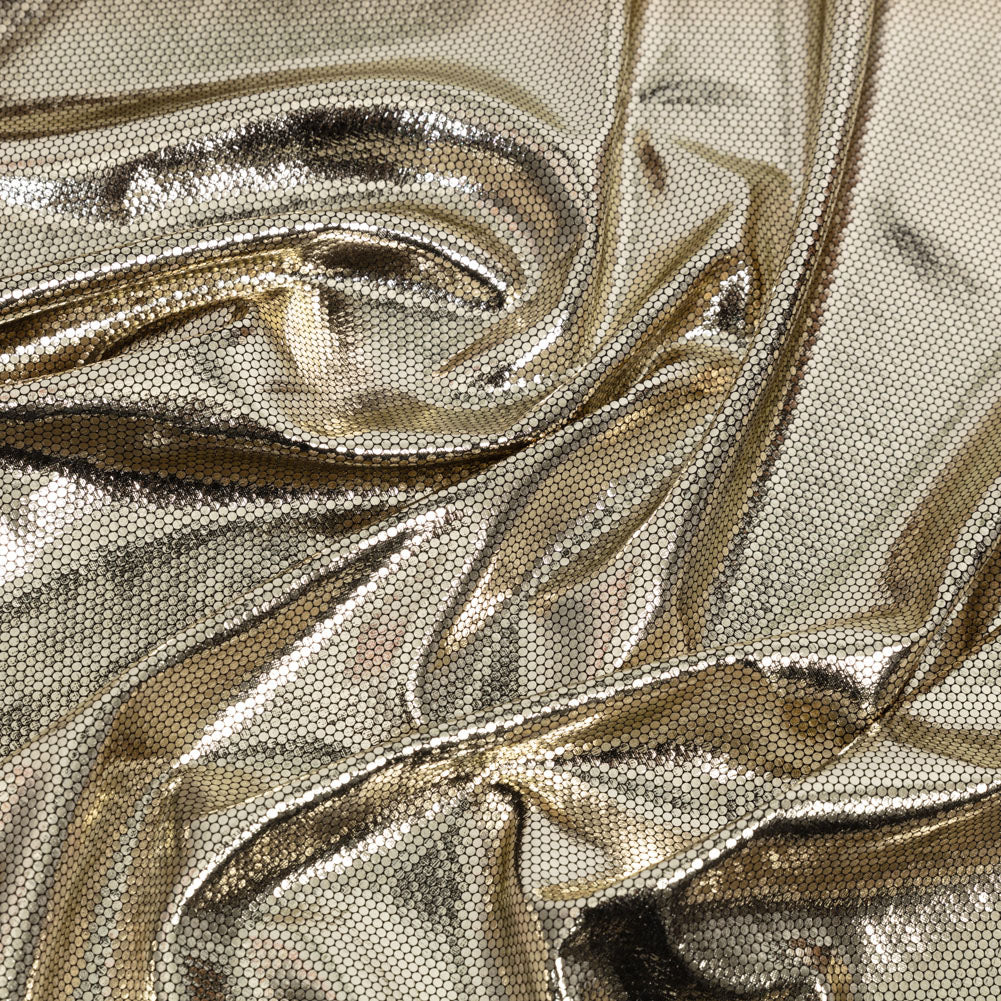 White Gold Dense Polka Dots Foiled Stretch Polyester Knit White Gold Dense Polka Dots Foiled Stretch Polyester Knit
