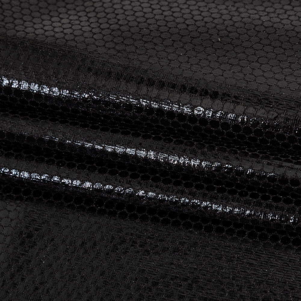 Black Dense Polka Dots Foiled Stretch Polyester Knit - Folded Black Dense Polka Dots Foiled Stretch Polyester Knit - Folded