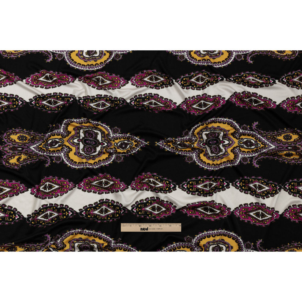 Pink, Purple and Black Paisley Stripes with Geometric Borders Printed Silk Jersey Drape Pink, Purple and Black Paisley Stripes with Geometric Borders Printed Silk Jersey Drape