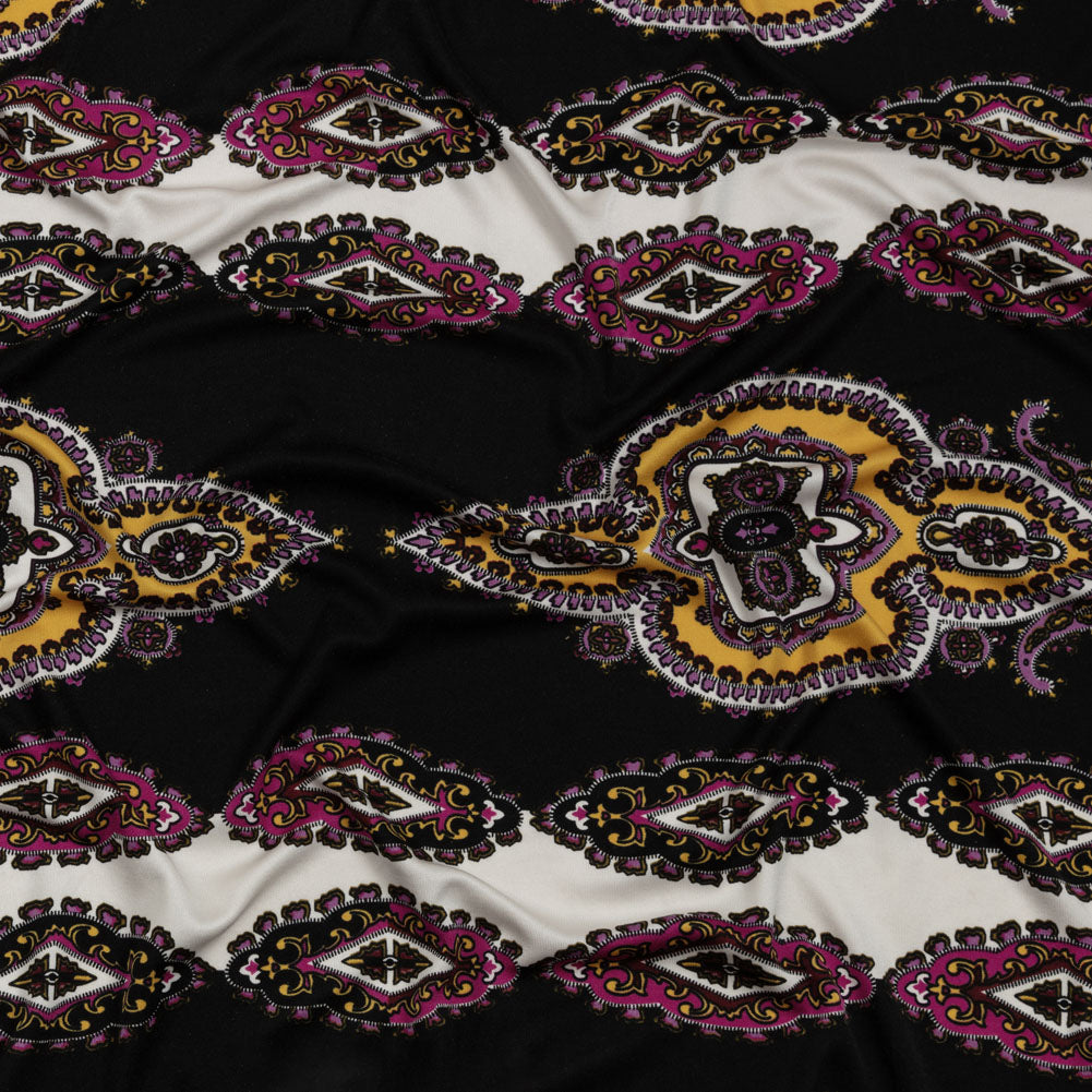 Pink, Purple and Black Paisley Stripes with Geometric Borders Printed Silk Jersey Pink, Purple and Black Paisley Stripes with Geometric Borders Printed Silk Jersey