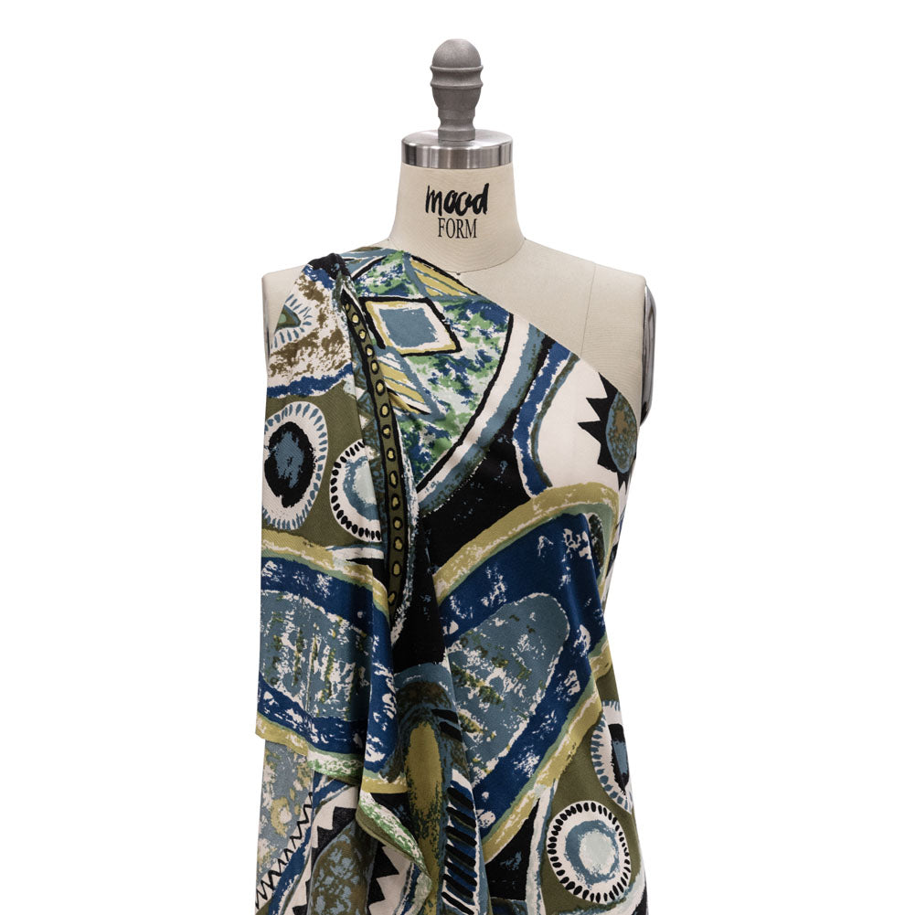 Blue, Olive and Black Abstract Maps Silk Jersey Detail Blue, Olive and Black Abstract Maps Silk Jersey Detail