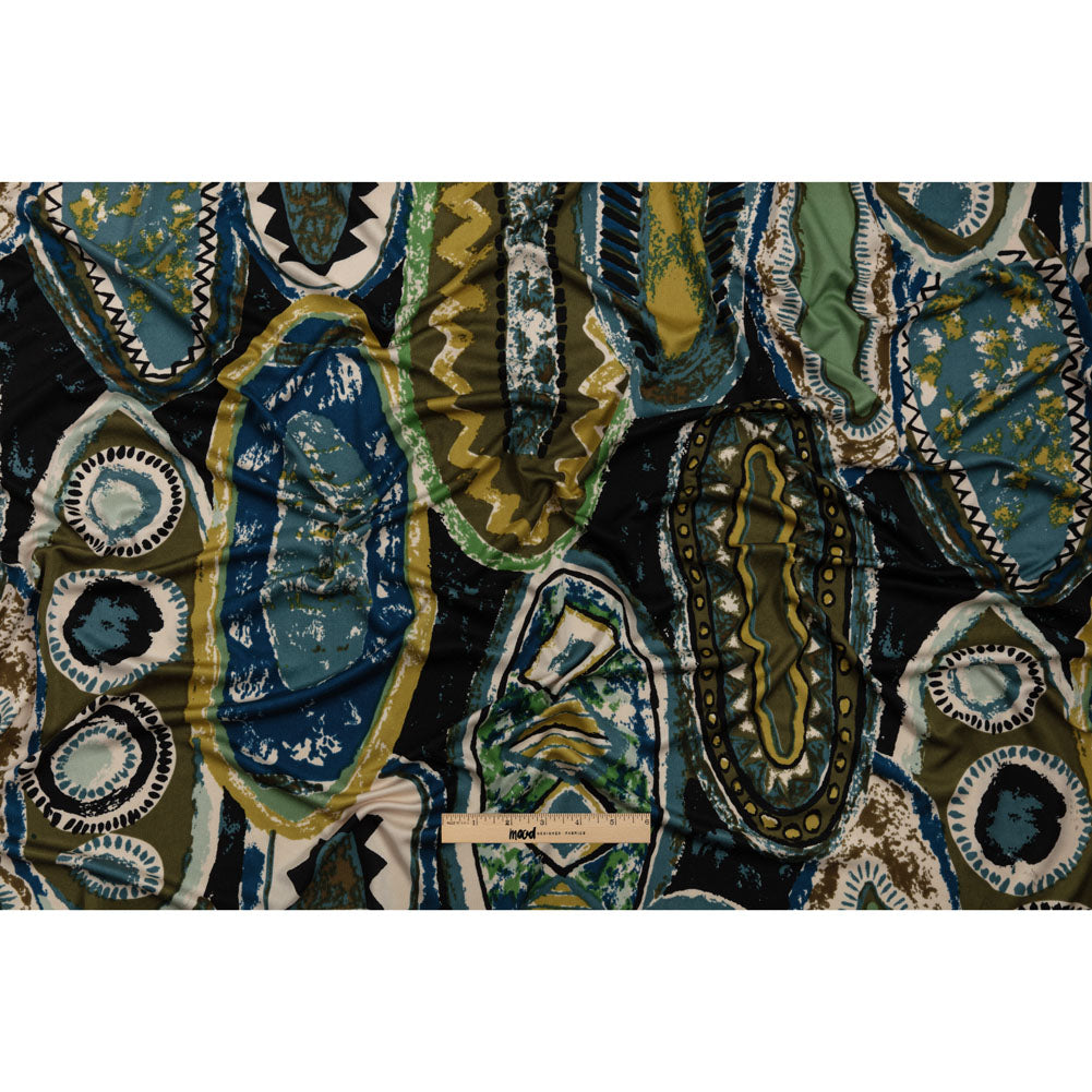 Blue, Olive and Black Abstract Maps Silk Jersey Drape Blue, Olive and Black Abstract Maps Silk Jersey Drape