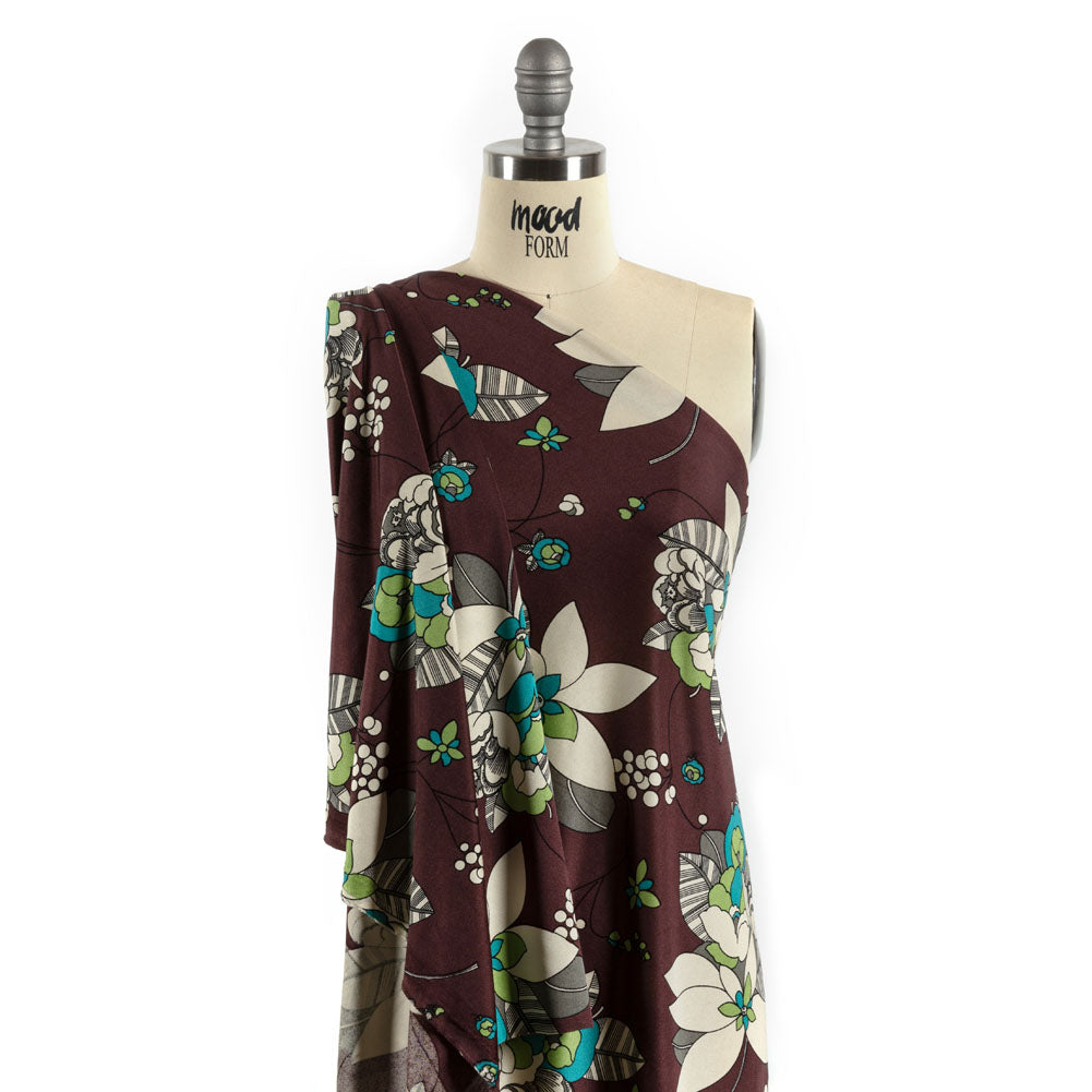 Chocolate, Teal and Cream Floral Silk Jersey Detail Chocolate, Teal and Cream Floral Silk Jersey Detail