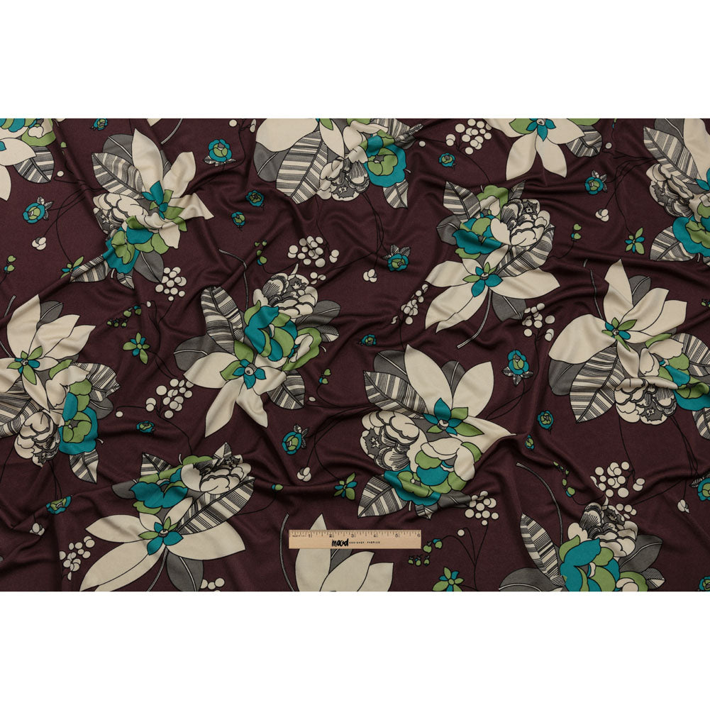 Chocolate, Teal and Cream Floral Silk Jersey Drape Chocolate, Teal and Cream Floral Silk Jersey Drape