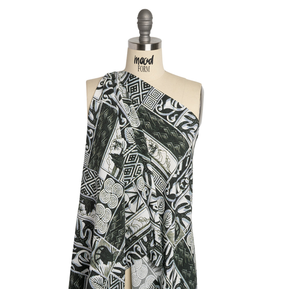 Viscose Woven Print - Black, White and Pale Blue Leaf and Geometric Patchwork - Mood Exclusive Mahiole of Maui Detail Viscose Woven Print - Black, White and Pale Blue Leaf and Geometric Patchwork - Mood Exclusive Mahiole of Maui Detail