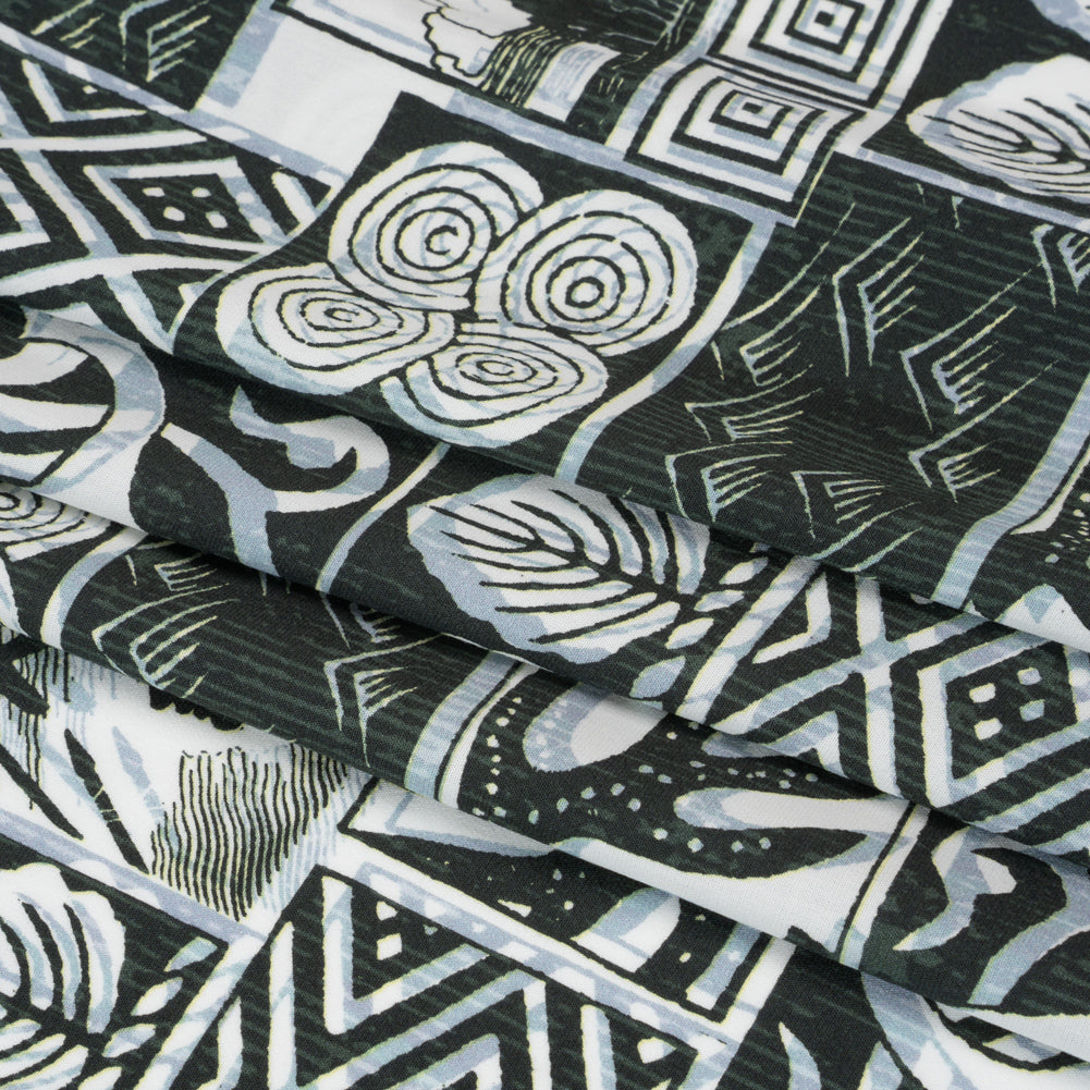 Viscose Woven Print - Black, White and Pale Blue Leaf and Geometric Patchwork - Mood Exclusive Mahiole of Maui Full Viscose Woven Print - Black, White and Pale Blue Leaf and Geometric Patchwork - Mood Exclusive Mahiole of Maui Full
