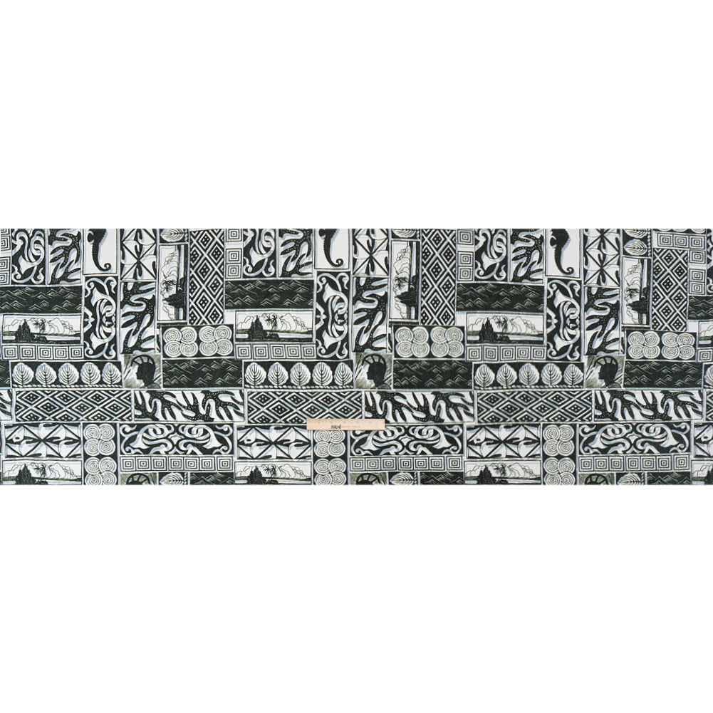 Viscose Woven Print - Black, White and Pale Blue Leaf and Geometric Patchwork - Mood Exclusive Mahiole of Maui Drape Viscose Woven Print - Black, White and Pale Blue Leaf and Geometric Patchwork - Mood Exclusive Mahiole of Maui Drape