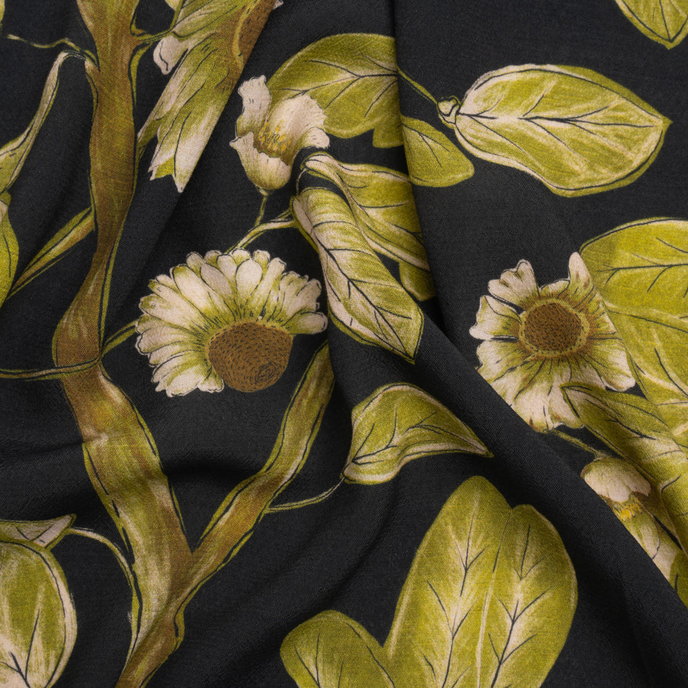 Sustainable Viscose Crepe Print - Black and Leaf Green Floral - Mood Exclusive Dolomite Daisies Sustainable Viscose Crepe Print - Black and Leaf Green Floral - Mood Exclusive Dolomite Daisies
