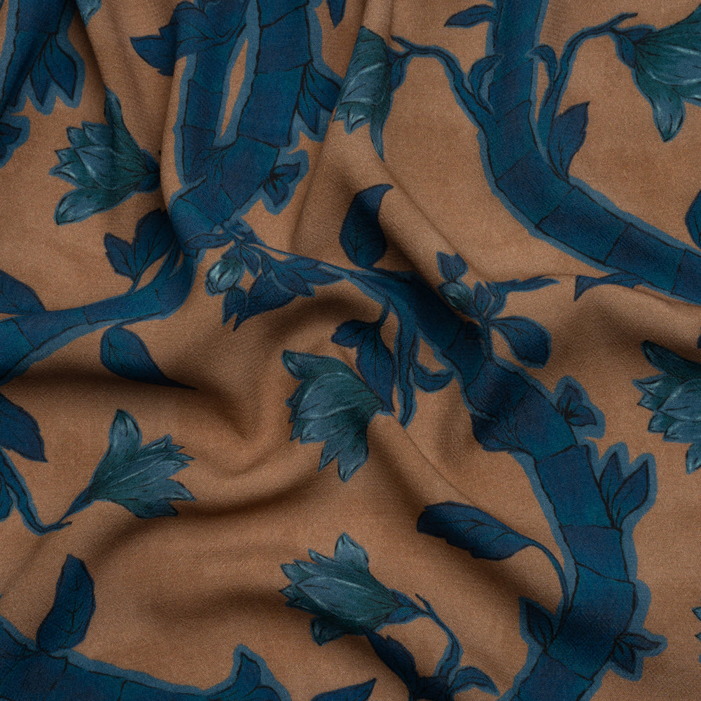 Sustainable Viscose Crepe Print - Blue and Brown Floral Ogee Lattice - Mood Exclusive Intertwined Vines Sustainable Viscose Crepe Print - Blue and Brown Floral Ogee Lattice - Mood Exclusive Intertwined Vines