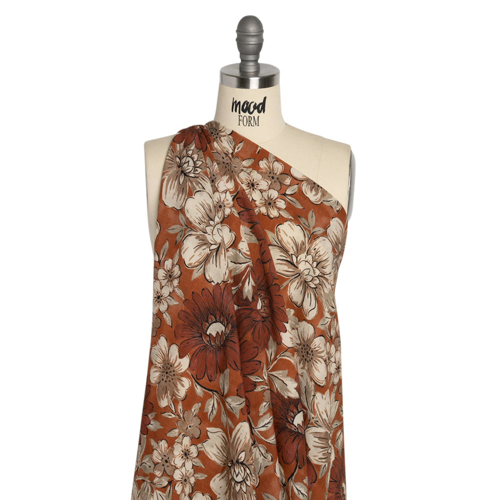 Sustainable Viscose Crepe Print - Rust Orange and White Floral - Mood Exclusive Crowded Fields Drape Sustainable Viscose Crepe Print - Rust Orange and White Floral - Mood Exclusive Crowded Fields Drape