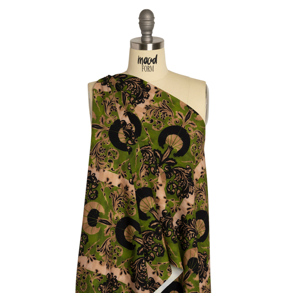 Stretch Polyester Woven Print - Green and Beige Leafy Stripes - Mood Exclusive Estate on Willow Drape Stretch Polyester Woven Print - Green and Beige Leafy Stripes - Mood Exclusive Estate on Willow Drape