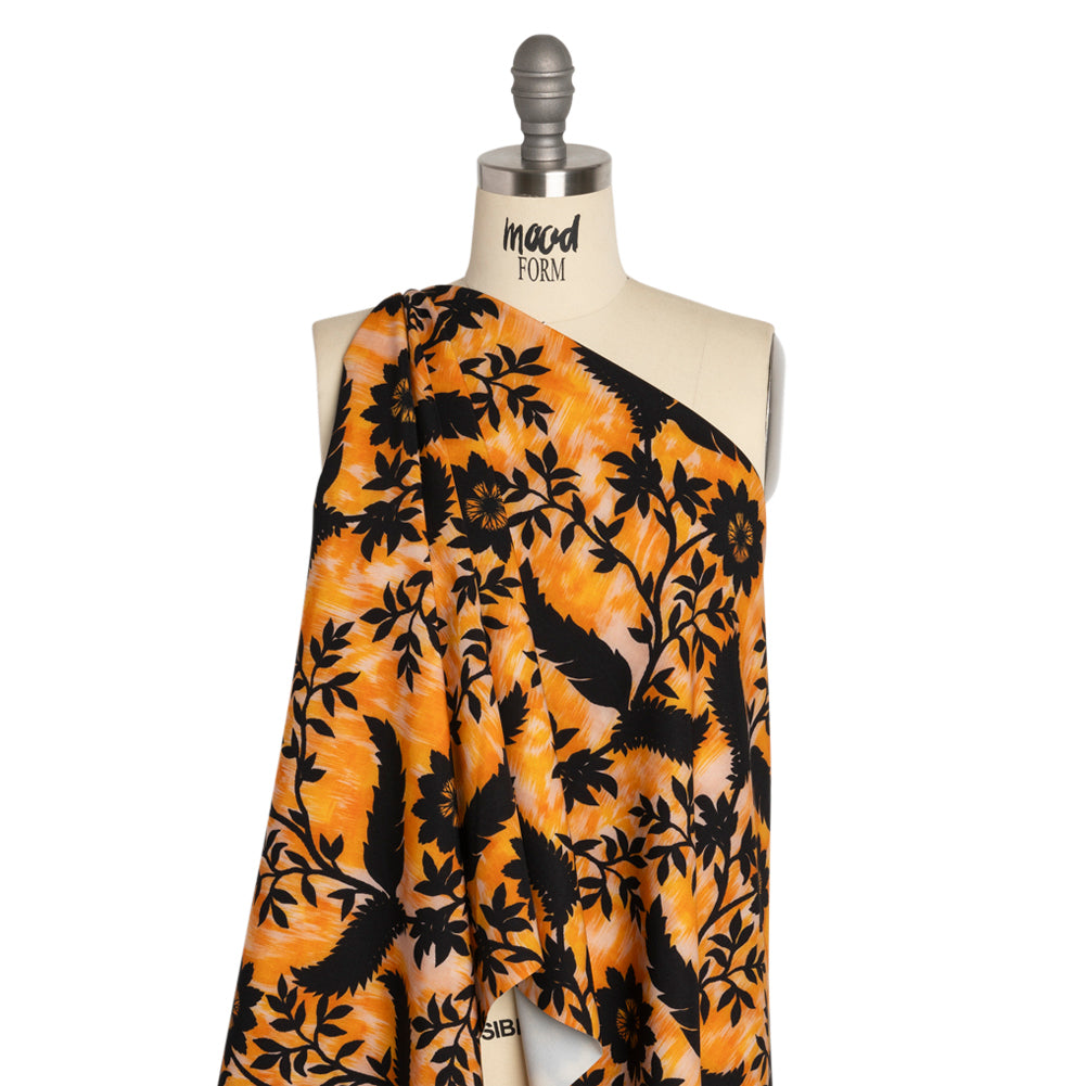 Stretch Polyester Woven Print - Yellow Florals on Abstract Ikat - Mood Exclusive Rambling Brambles Drape Stretch Polyester Woven Print - Yellow Florals on Abstract Ikat - Mood Exclusive Rambling Brambles Drape