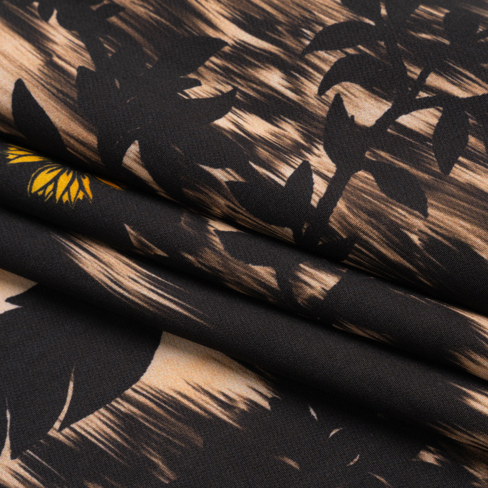 Stretch Polyester Woven Print - Black Florals on Abstract Ikat - Mood Exclusive Rambling Brambles Folded Stretch Polyester Woven Print - Black Florals on Abstract Ikat - Mood Exclusive Rambling Brambles Folded
