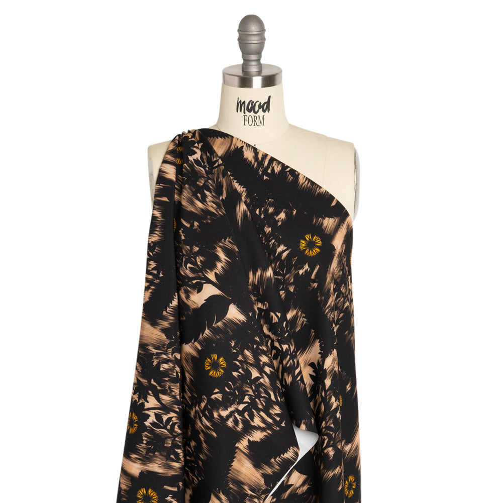 Stretch Polyester Woven Print - Black Florals on Abstract Ikat - Mood Exclusive Rambling Brambles Drape Stretch Polyester Woven Print - Black Florals on Abstract Ikat - Mood Exclusive Rambling Brambles Drape