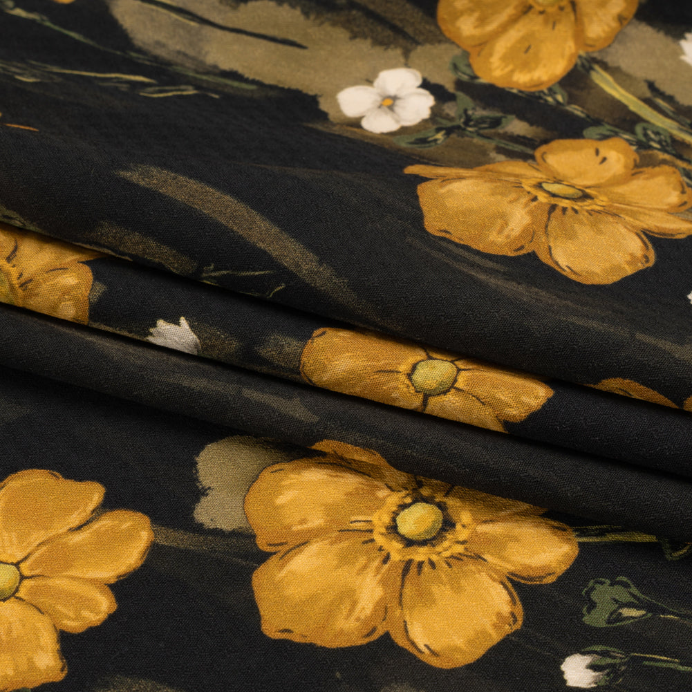Sustainable Viscose Floral Jacquard Print - Dark Yellow, Olive Green and Black Floral - Mood Exclusive Marsh Song Folded Sustainable Viscose Floral Jacquard Print - Dark Yellow, Olive Green and Black Floral - Mood Exclusive Marsh Song Folded