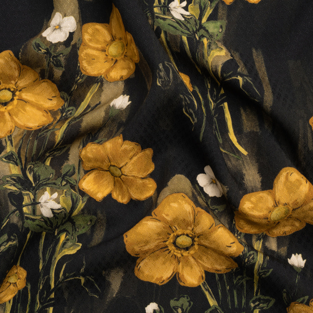 Sustainable Viscose Floral Jacquard Print - Dark Yellow, Olive Green and Black Floral - Mood Exclusive Marsh Song Sustainable Viscose Floral Jacquard Print - Dark Yellow, Olive Green and Black Floral - Mood Exclusive Marsh Song