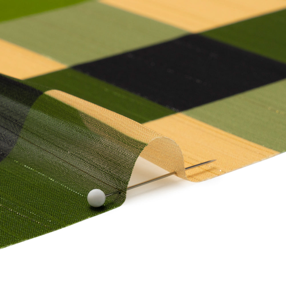 Polyester Chiffon Print with Metallic Pinstripes - Green, Blue and Yellow Plaid - Mood Exclusive Rooks and Bishops Detail Polyester Chiffon Print with Metallic Pinstripes - Green, Blue and Yellow Plaid - Mood Exclusive Rooks and Bishops Detail
