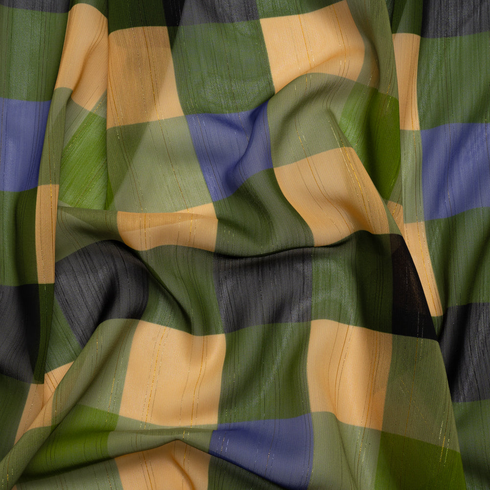 Polyester Chiffon Print with Metallic Pinstripes - Green, Blue and Yellow Plaid - Mood Exclusive Rooks and Bishops Polyester Chiffon Print with Metallic Pinstripes - Green, Blue and Yellow Plaid - Mood Exclusive Rooks and Bishops