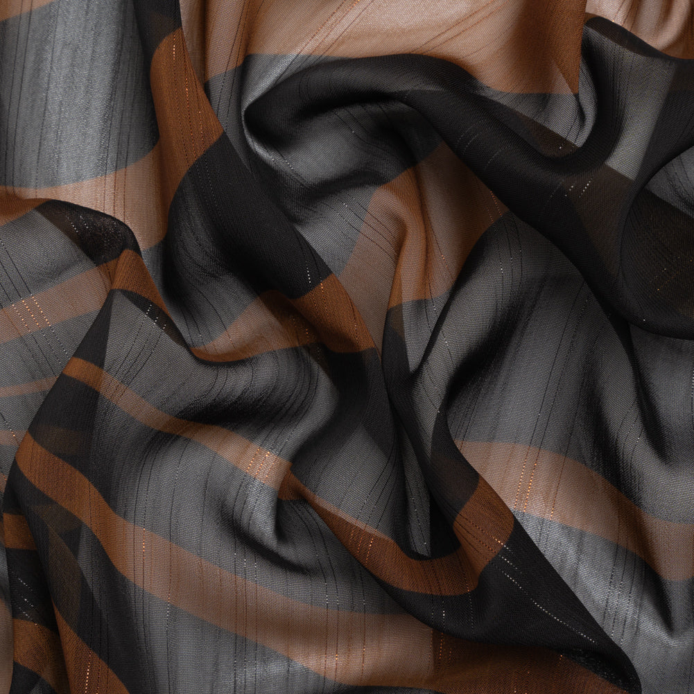 Polyester Chiffon Print with Metallic Pinstripes - Chocolate Brown and Black Abstract - Mood Exclusive Fondue Funhouse Polyester Chiffon Print with Metallic Pinstripes - Chocolate Brown and Black Abstract - Mood Exclusive Fondue Funhouse