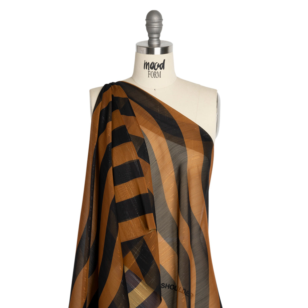 Polyester Chiffon Print with Metallic Pinstripes - Brown and Black Wavy Stripes - Mood Exclusive Delray Daze Drape Polyester Chiffon Print with Metallic Pinstripes - Brown and Black Wavy Stripes - Mood Exclusive Delray Daze Drape