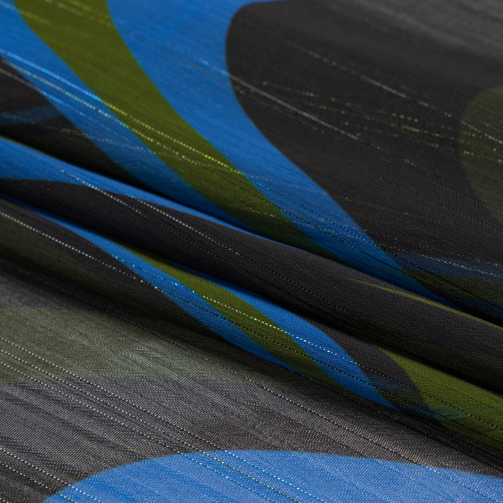 Polyester Chiffon Print with Metallic Pinstripes - Blue, Green and Black Waves - Mood Exclusive Ebb and Flow Folded Polyester Chiffon Print with Metallic Pinstripes - Blue, Green and Black Waves - Mood Exclusive Ebb and Flow Folded