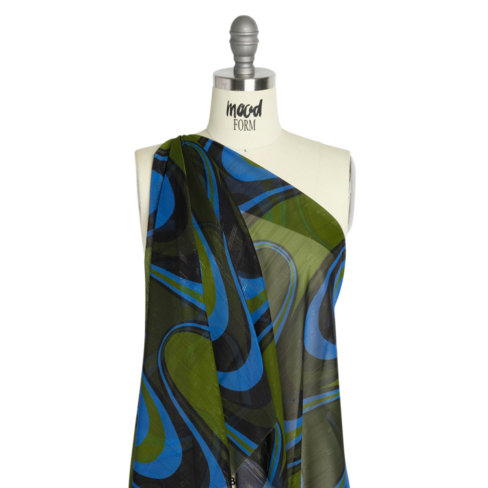 Polyester Chiffon Print with Metallic Pinstripes - Blue, Green and Black Waves - Mood Exclusive Ebb and Flow Drape Polyester Chiffon Print with Metallic Pinstripes - Blue, Green and Black Waves - Mood Exclusive Ebb and Flow Drape