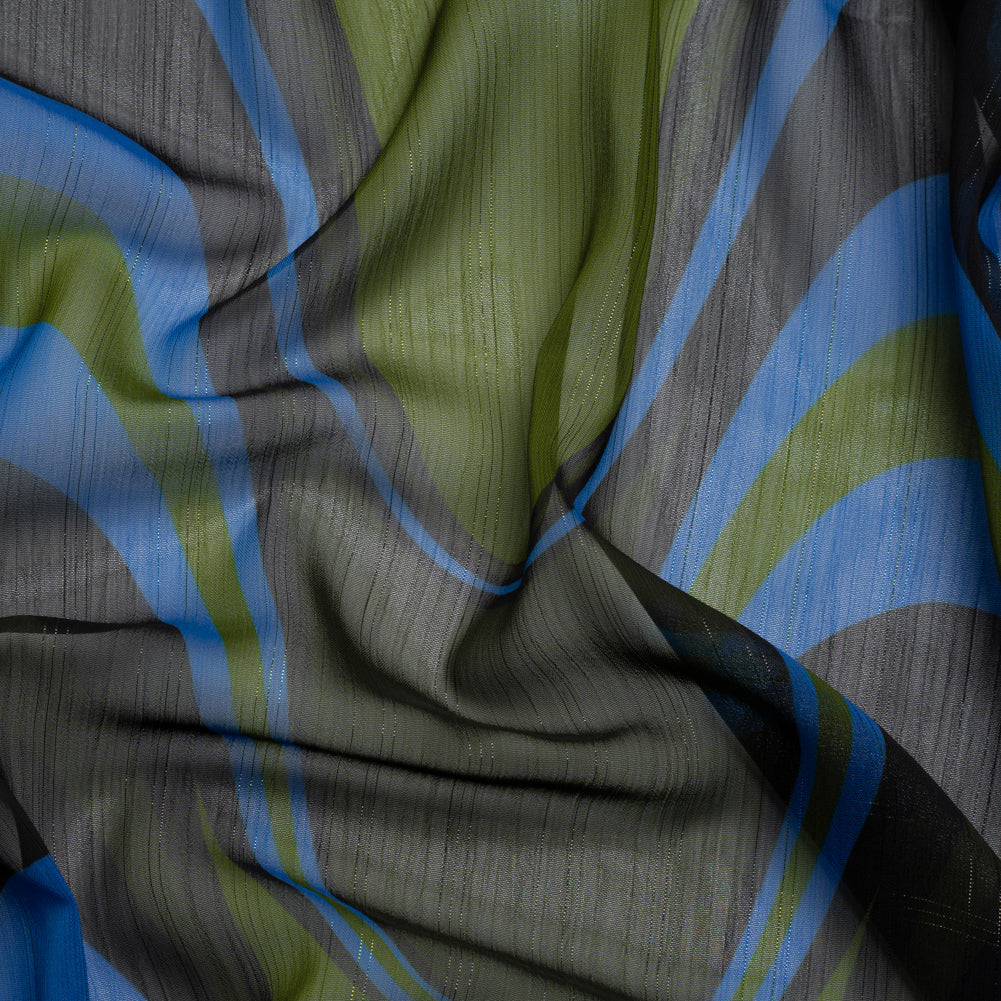 Polyester Chiffon Print with Metallic Pinstripes - Blue, Green and Black Waves - Mood Exclusive Ebb and Flow Polyester Chiffon Print with Metallic Pinstripes - Blue, Green and Black Waves - Mood Exclusive Ebb and Flow