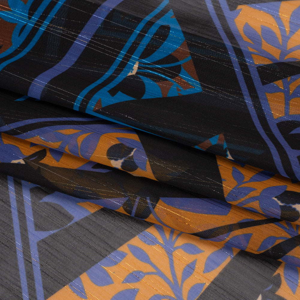 Polyester Chiffon Print with Metallic Pinstripes - Orange, Blue and Black Floral and Geometric - Mood Exclusive Through the Pane Folded Polyester Chiffon Print with Metallic Pinstripes - Orange, Blue and Black Floral and Geometric - Mood Exclusive Through the Pane Folded