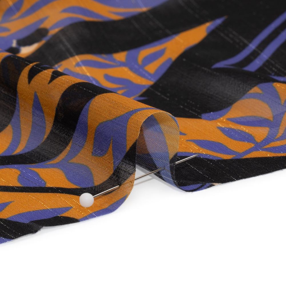Polyester Chiffon Print with Metallic Pinstripes - Orange, Blue and Black Floral and Geometric - Mood Exclusive Through the Pane Detail Polyester Chiffon Print with Metallic Pinstripes - Orange, Blue and Black Floral and Geometric - Mood Exclusive Through the Pane Detail