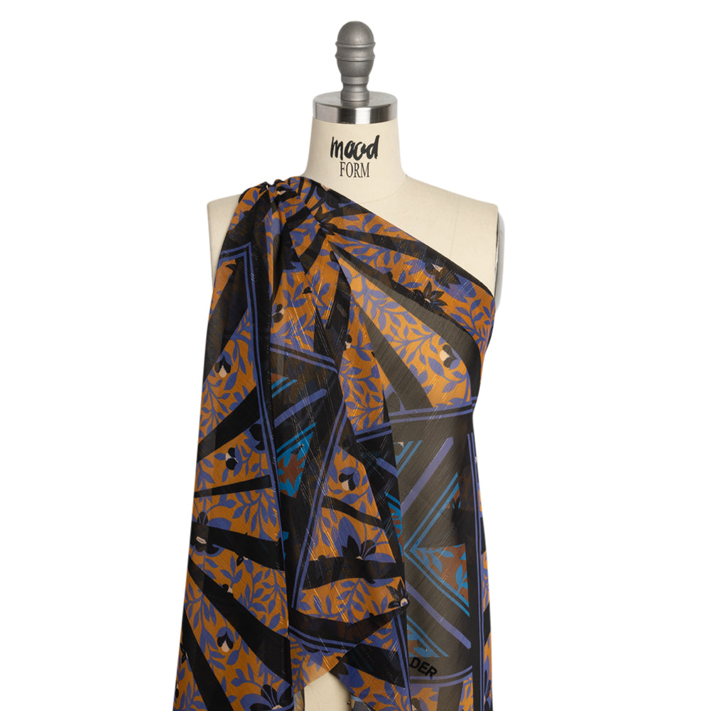 Polyester Chiffon Print with Metallic Pinstripes - Orange, Blue and Black Floral and Geometric - Mood Exclusive Through the Pane Drape Polyester Chiffon Print with Metallic Pinstripes - Orange, Blue and Black Floral and Geometric - Mood Exclusive Through the Pane Drape
