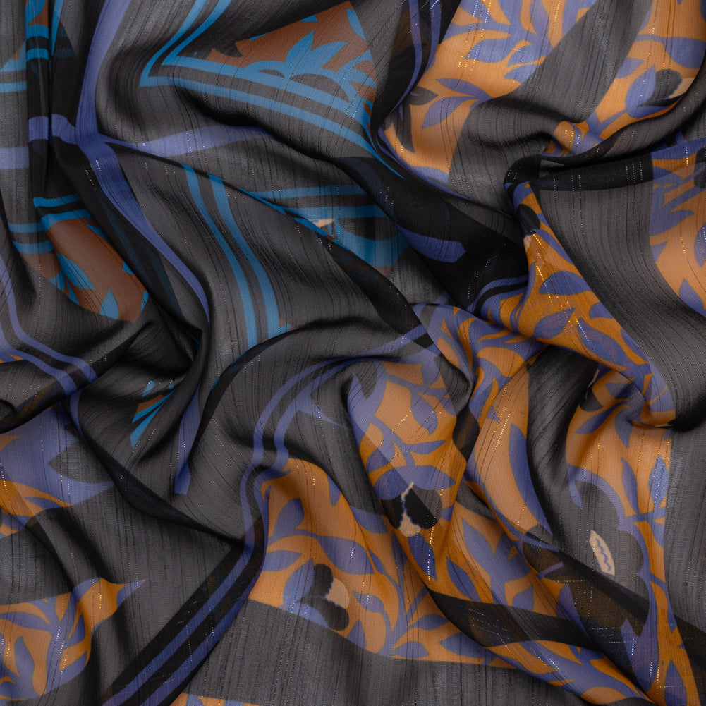 Polyester Chiffon Print with Metallic Pinstripes - Orange, Blue and Black Floral and Geometric - Mood Exclusive Through the Pane Polyester Chiffon Print with Metallic Pinstripes - Orange, Blue and Black Floral and Geometric - Mood Exclusive Through the Pane