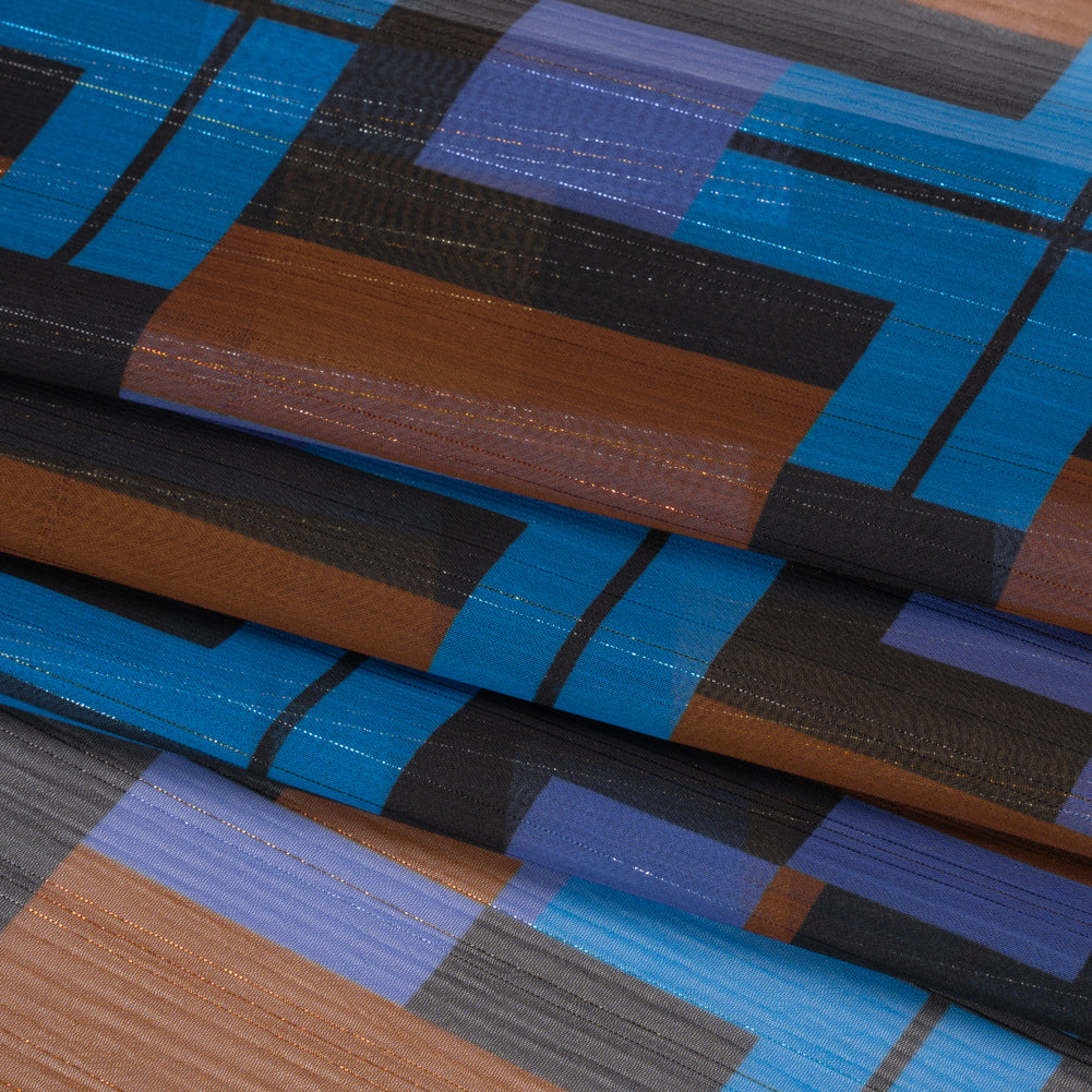 Polyester Chiffon Print with Metallic Pinstripes - Blue, Purple and Brown Geometric - Mood Exclusive Geometric Jigsaw Folded Polyester Chiffon Print with Metallic Pinstripes - Blue, Purple and Brown Geometric - Mood Exclusive Geometric Jigsaw Folded