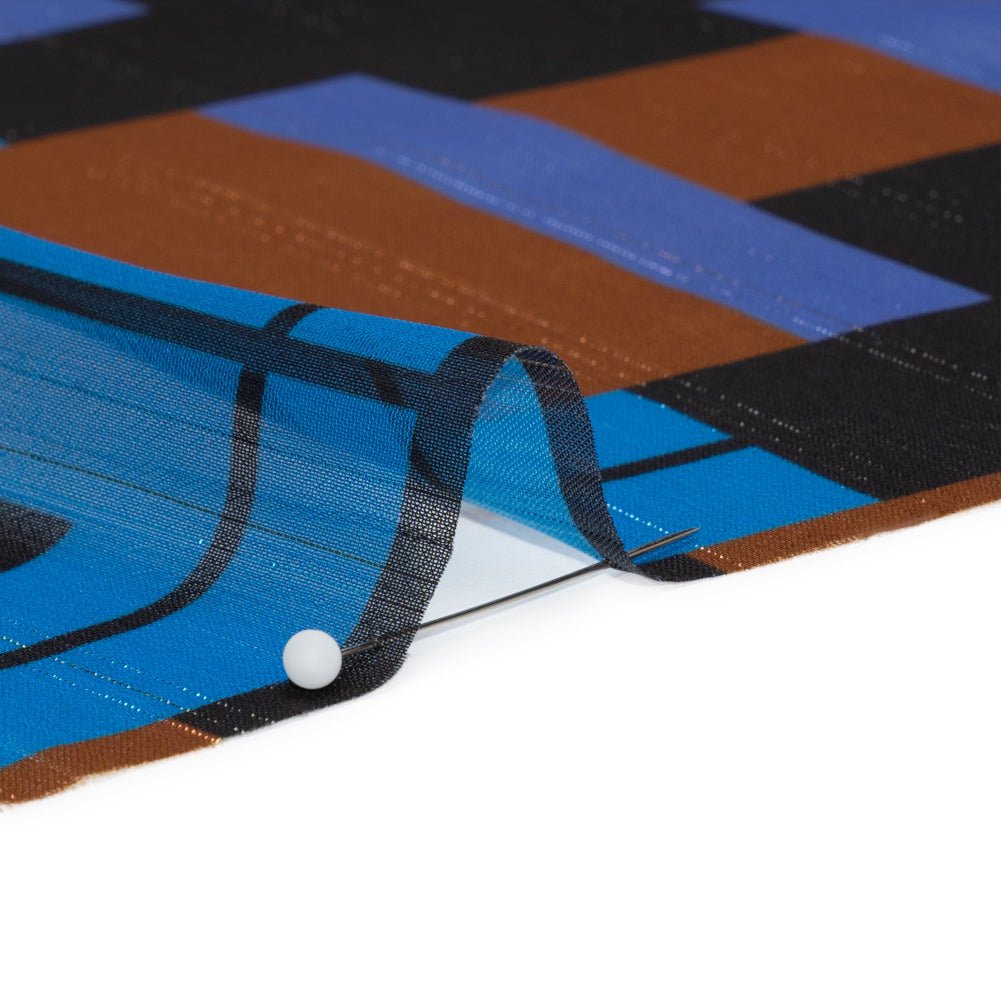 Polyester Chiffon Print with Metallic Pinstripes - Blue, Purple and Brown Geometric - Mood Exclusive Geometric Jigsaw Detail Polyester Chiffon Print with Metallic Pinstripes - Blue, Purple and Brown Geometric - Mood Exclusive Geometric Jigsaw Detail