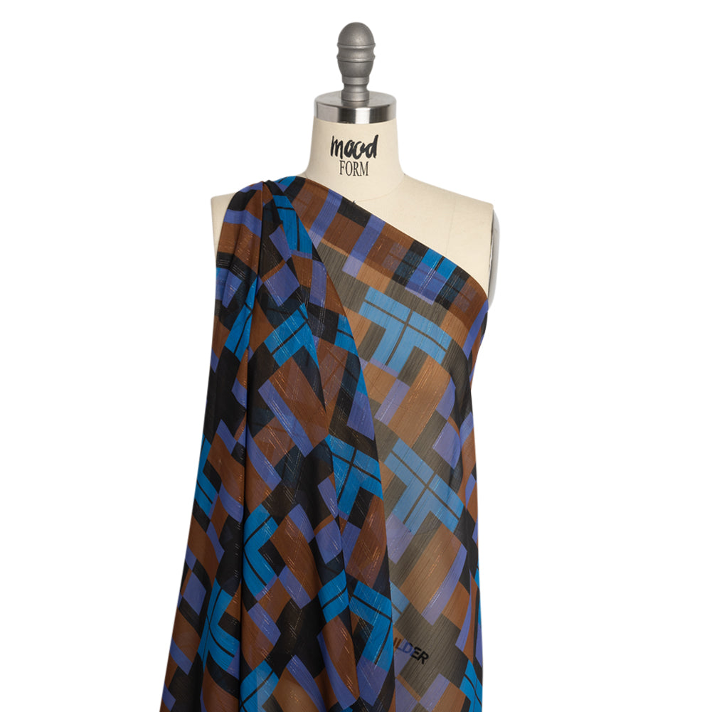 Polyester Chiffon Print with Metallic Pinstripes - Blue, Purple and Brown Geometric - Mood Exclusive Geometric Jigsaw Drape Polyester Chiffon Print with Metallic Pinstripes - Blue, Purple and Brown Geometric - Mood Exclusive Geometric Jigsaw Drape