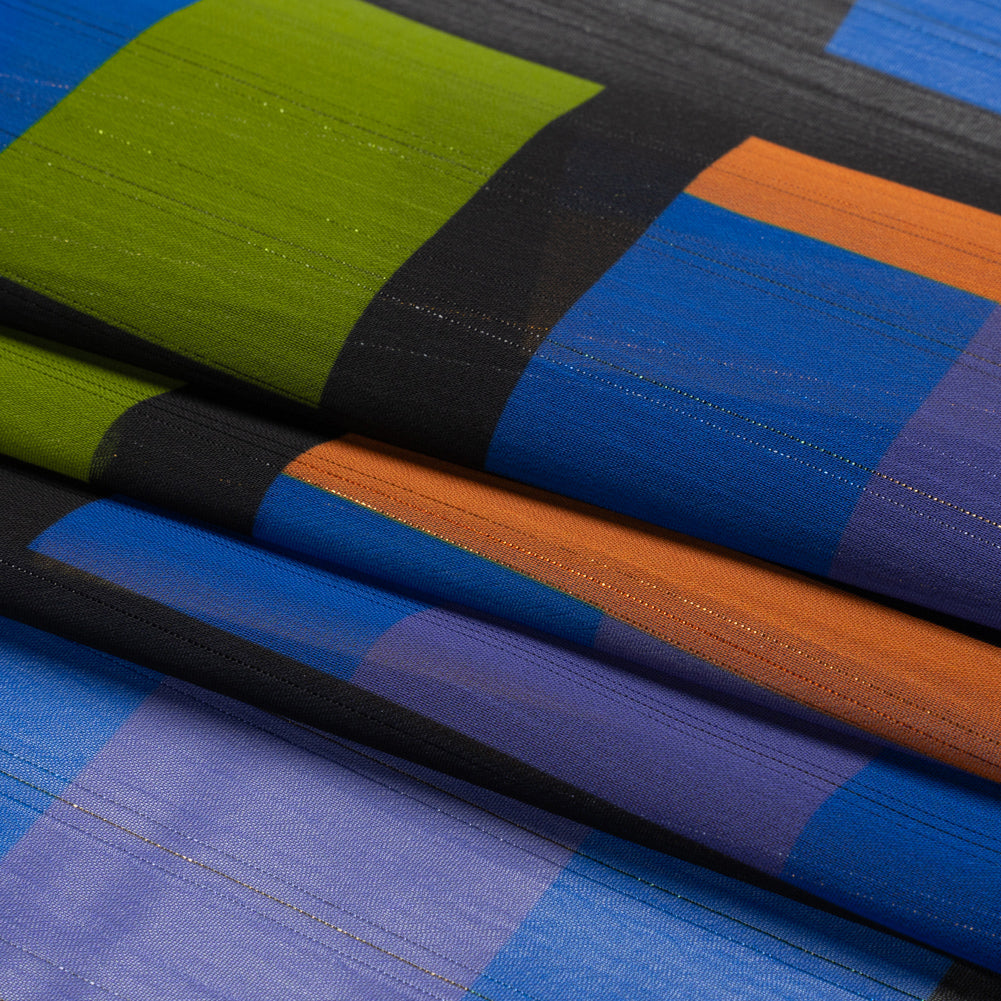 Polyester Chiffon Print with Metallic Pinstripes - Green, Orange and Blue Geometric - Mood Exclusive Through the Window Folded Polyester Chiffon Print with Metallic Pinstripes - Green, Orange and Blue Geometric - Mood Exclusive Through the Window Folded