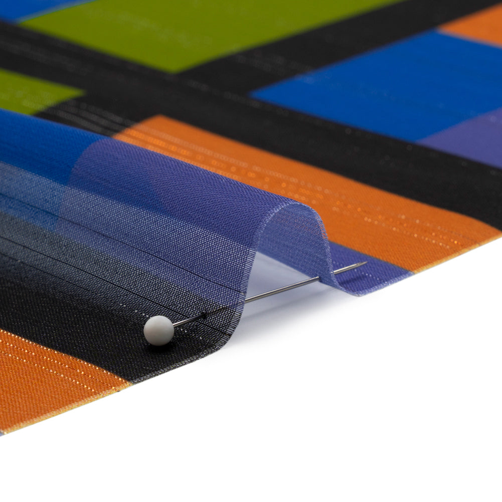 Polyester Chiffon Print with Metallic Pinstripes - Green, Orange and Blue Geometric - Mood Exclusive Through the Window Detail Polyester Chiffon Print with Metallic Pinstripes - Green, Orange and Blue Geometric - Mood Exclusive Through the Window Detail