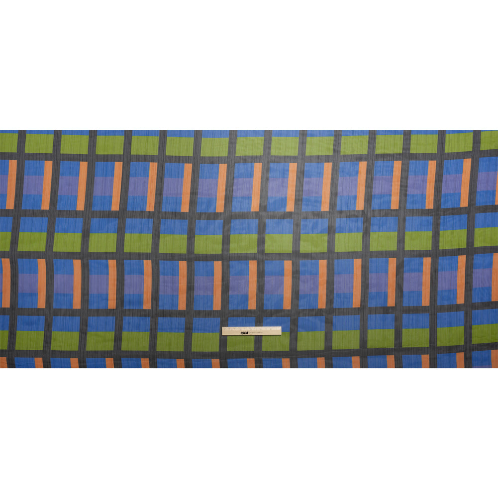 Polyester Chiffon Print with Metallic Pinstripes - Green, Orange and Blue Geometric - Mood Exclusive Through the Window Full Polyester Chiffon Print with Metallic Pinstripes - Green, Orange and Blue Geometric - Mood Exclusive Through the Window Full