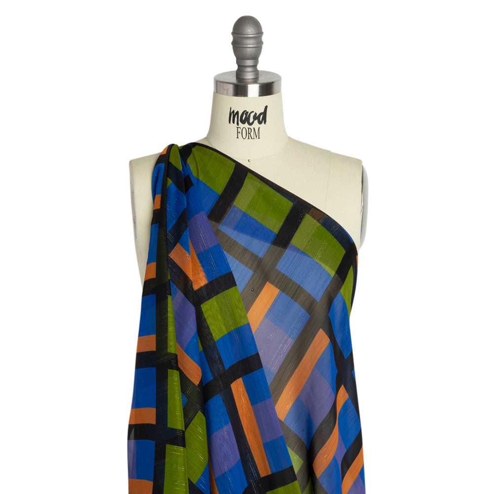 Polyester Chiffon Print with Metallic Pinstripes - Green, Orange and Blue Geometric - Mood Exclusive Through the Window Drape Polyester Chiffon Print with Metallic Pinstripes - Green, Orange and Blue Geometric - Mood Exclusive Through the Window Drape
