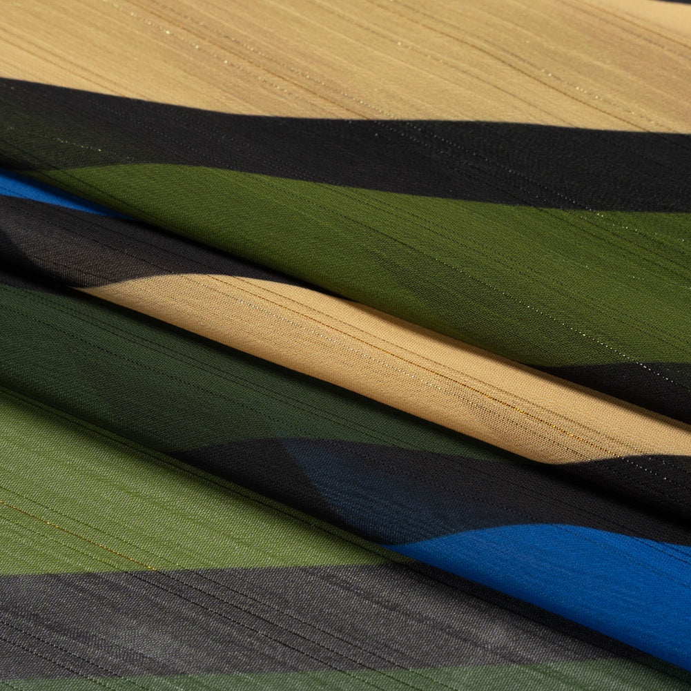 Polyester Chiffon Print with Metallic Pinstripes - Blue and Green Diagonal Stripes - Mood Exclusive Seemingly Slanted Folded Polyester Chiffon Print with Metallic Pinstripes - Blue and Green Diagonal Stripes - Mood Exclusive Seemingly Slanted Folded