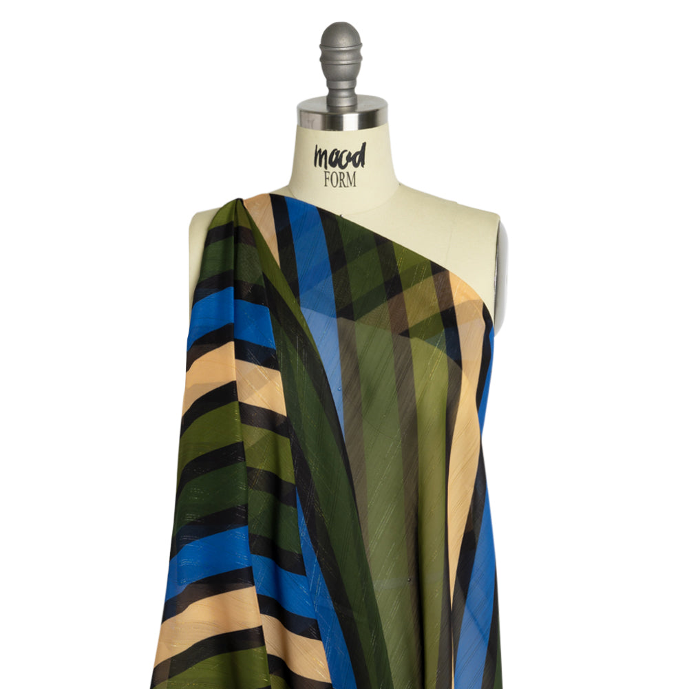 Polyester Chiffon Print with Metallic Pinstripes - Blue and Green Diagonal Stripes - Mood Exclusive Seemingly Slanted Drape Polyester Chiffon Print with Metallic Pinstripes - Blue and Green Diagonal Stripes - Mood Exclusive Seemingly Slanted Drape