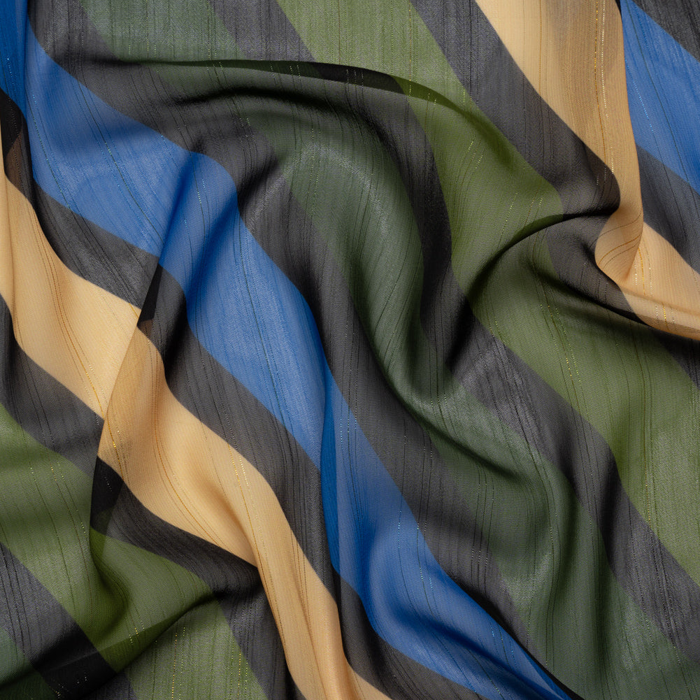 Polyester Chiffon Print with Metallic Pinstripes - Blue and Green Diagonal Stripes - Mood Exclusive Seemingly Slanted Polyester Chiffon Print with Metallic Pinstripes - Blue and Green Diagonal Stripes - Mood Exclusive Seemingly Slanted