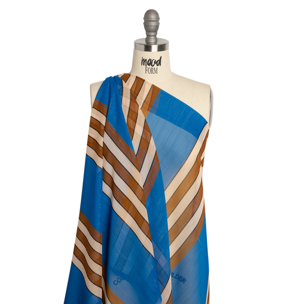 Polyester Chiffon Print with Metallic Pinstripes - Blue and Brown Stripes - Mood Exclusive Sandbridge Stripes Drape Polyester Chiffon Print with Metallic Pinstripes - Blue and Brown Stripes - Mood Exclusive Sandbridge Stripes Drape