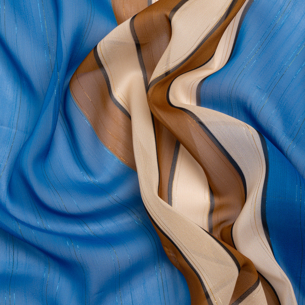 Polyester Chiffon Print with Metallic Pinstripes - Blue and Brown Stripes - Mood Exclusive Sandbridge Stripes Polyester Chiffon Print with Metallic Pinstripes - Blue and Brown Stripes - Mood Exclusive Sandbridge Stripes