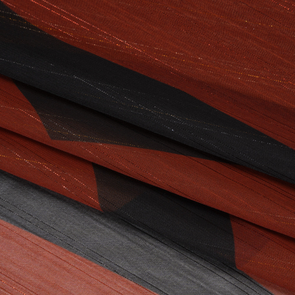 Polyester Chiffon Print with Metallic Pinstripes - Rust Red and Black Abstract - Mood Exclusive Fondue Funhouse Folded Polyester Chiffon Print with Metallic Pinstripes - Rust Red and Black Abstract - Mood Exclusive Fondue Funhouse Folded