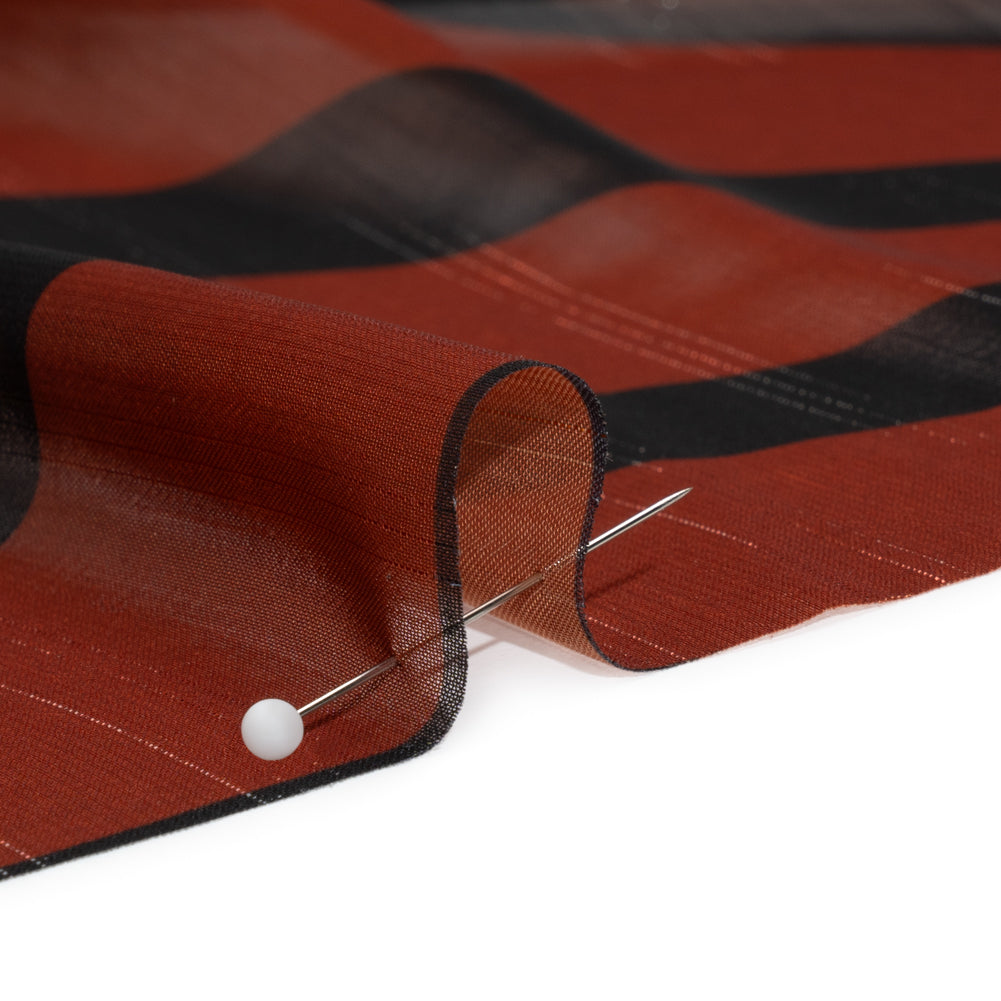 Polyester Chiffon Print with Metallic Pinstripes - Rust Red and Black Abstract - Mood Exclusive Fondue Funhouse Detail Polyester Chiffon Print with Metallic Pinstripes - Rust Red and Black Abstract - Mood Exclusive Fondue Funhouse Detail