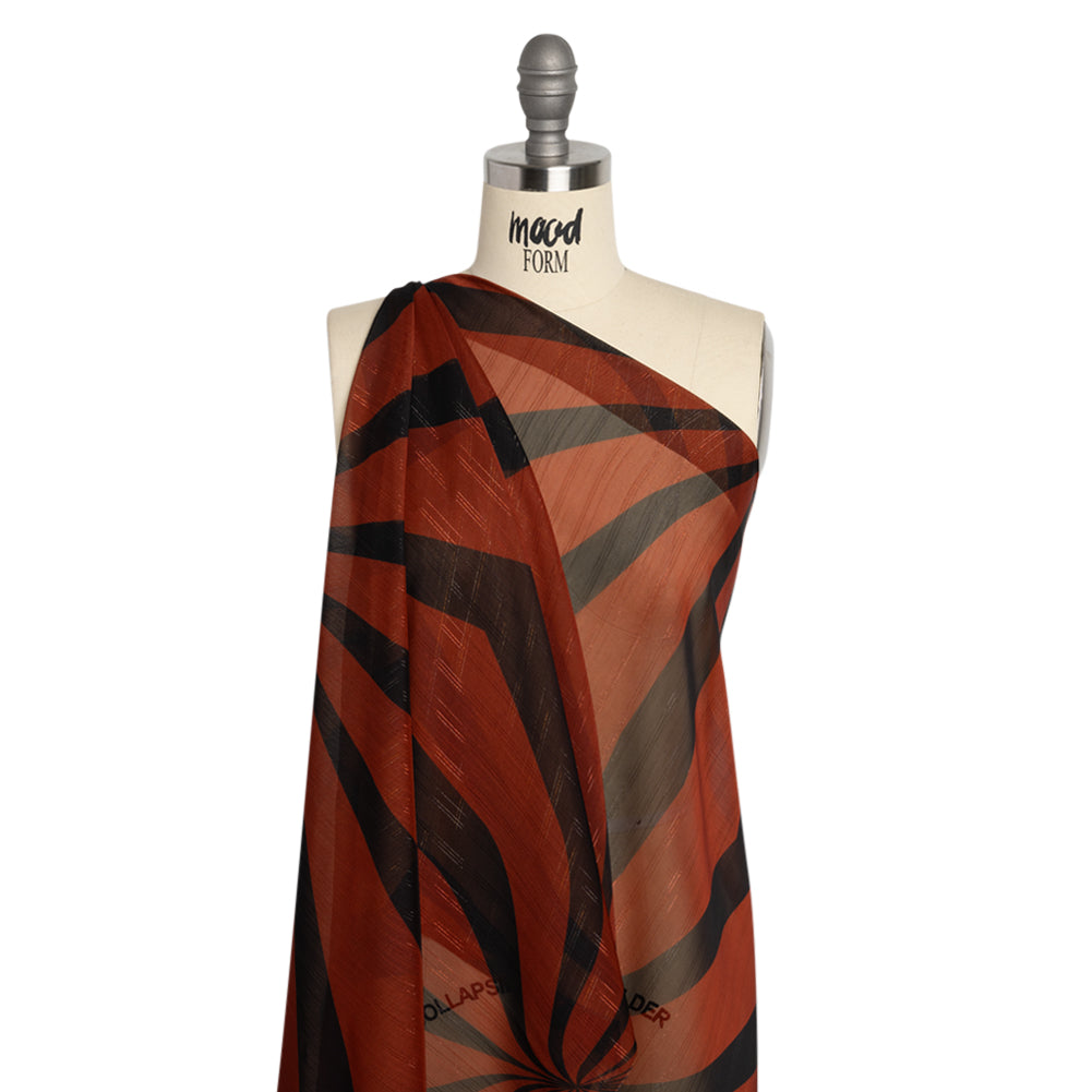 Polyester Chiffon Print with Metallic Pinstripes - Rust Red and Black Abstract - Mood Exclusive Fondue Funhouse Drape Polyester Chiffon Print with Metallic Pinstripes - Rust Red and Black Abstract - Mood Exclusive Fondue Funhouse Drape